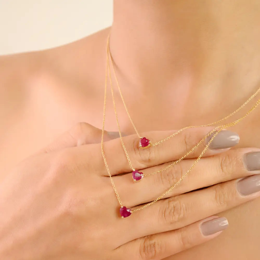 Minimalist Design Heart Shape Ruby Pendant Necklace Valentine's Day Gift 14K Real Gold