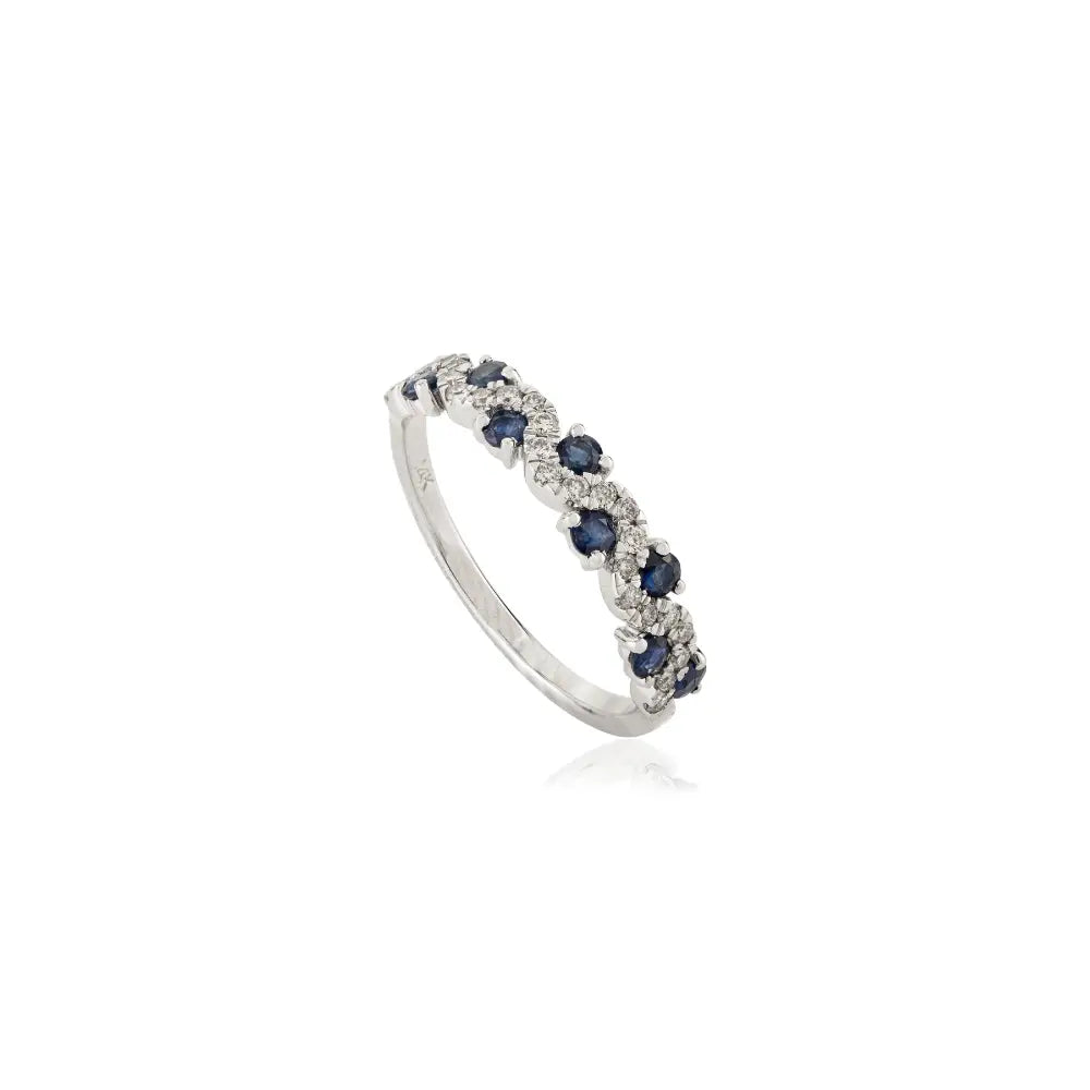 Round Cut Blue Sapphire & Diamond Wavy Shape Half Eternity Band Ring 14K Gold Jewelry