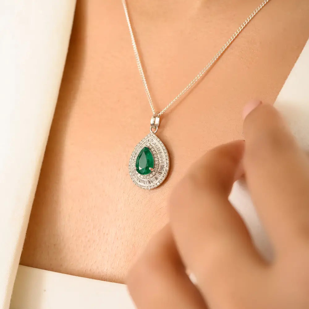 Luxurious Emerald & Diamond Statement 14K White Gold Bold Pendant Wedding Jewelry
