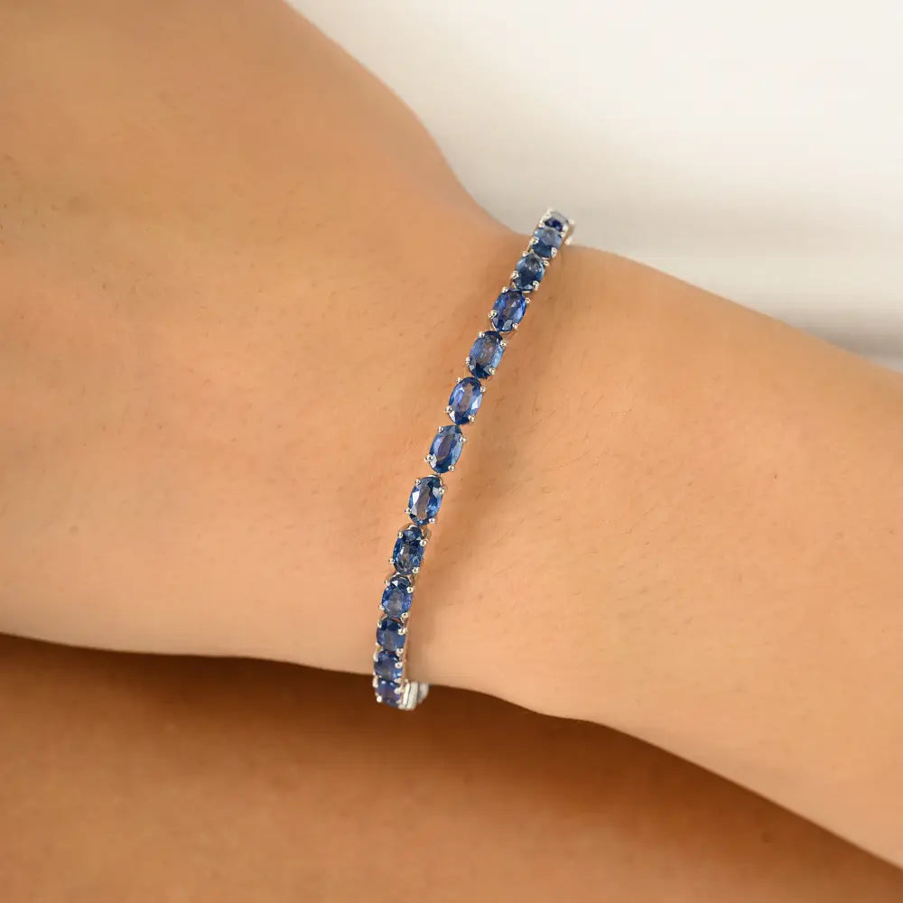 5X3 MM Oval Shape Blue Sapphire Unisex Tennis Bracelet 14K Solid Gold Handmade Fine Jewelry