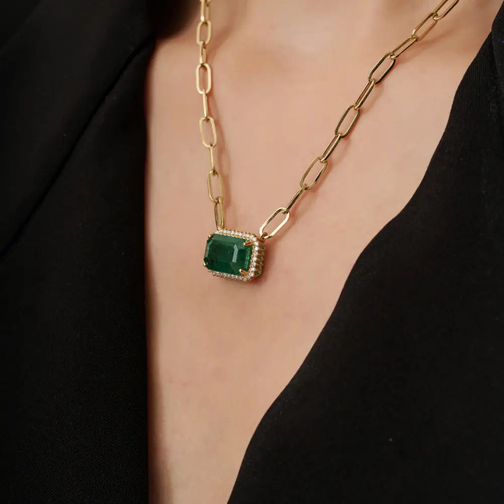 14K Real Yellow Gold Emerald & Diamond Paperclip Chain Cluster Pendant Necklace For Women