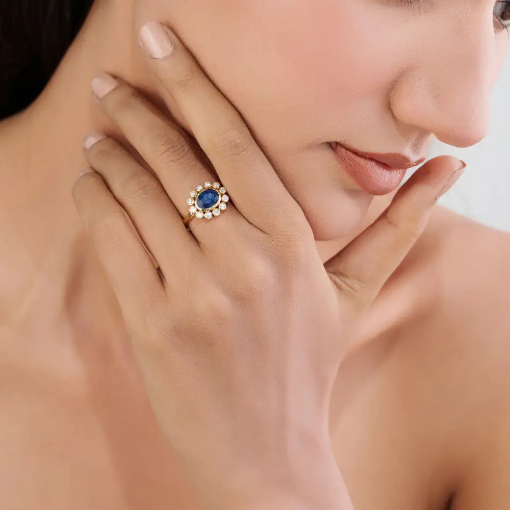 Floral Inspired Blue Sapphire & Diamond East West Cluster Ring Real K14 Yellow Gold Fine Jewelry