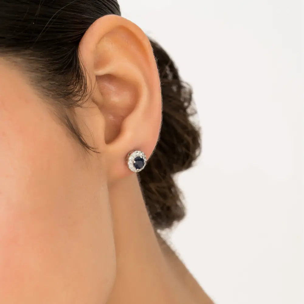 Oval Shape Blue Sapphire & Round Cut Diamond K14 White Gold Halo Stud Earrings For Women's
