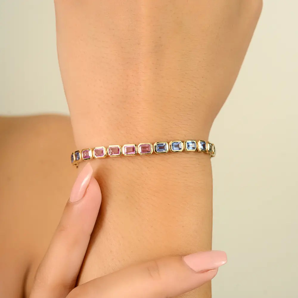 Colorful Gemstone Multi Sapphire 14K Solid Yellow Gold Tennis Bracelet Stack Jewelry