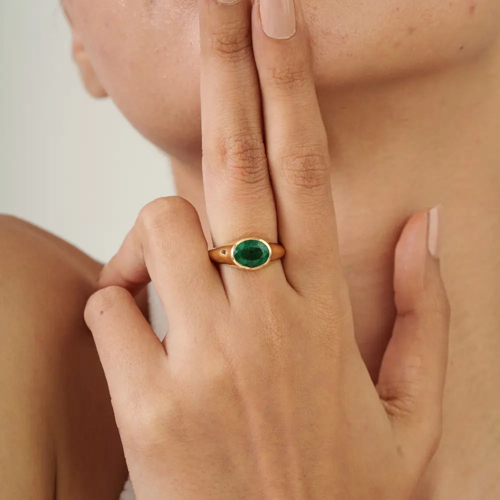 18K Real Yellow Gold Emerald Fine Chunky Dome Rings May Birthstone Wholesale Jewelry
