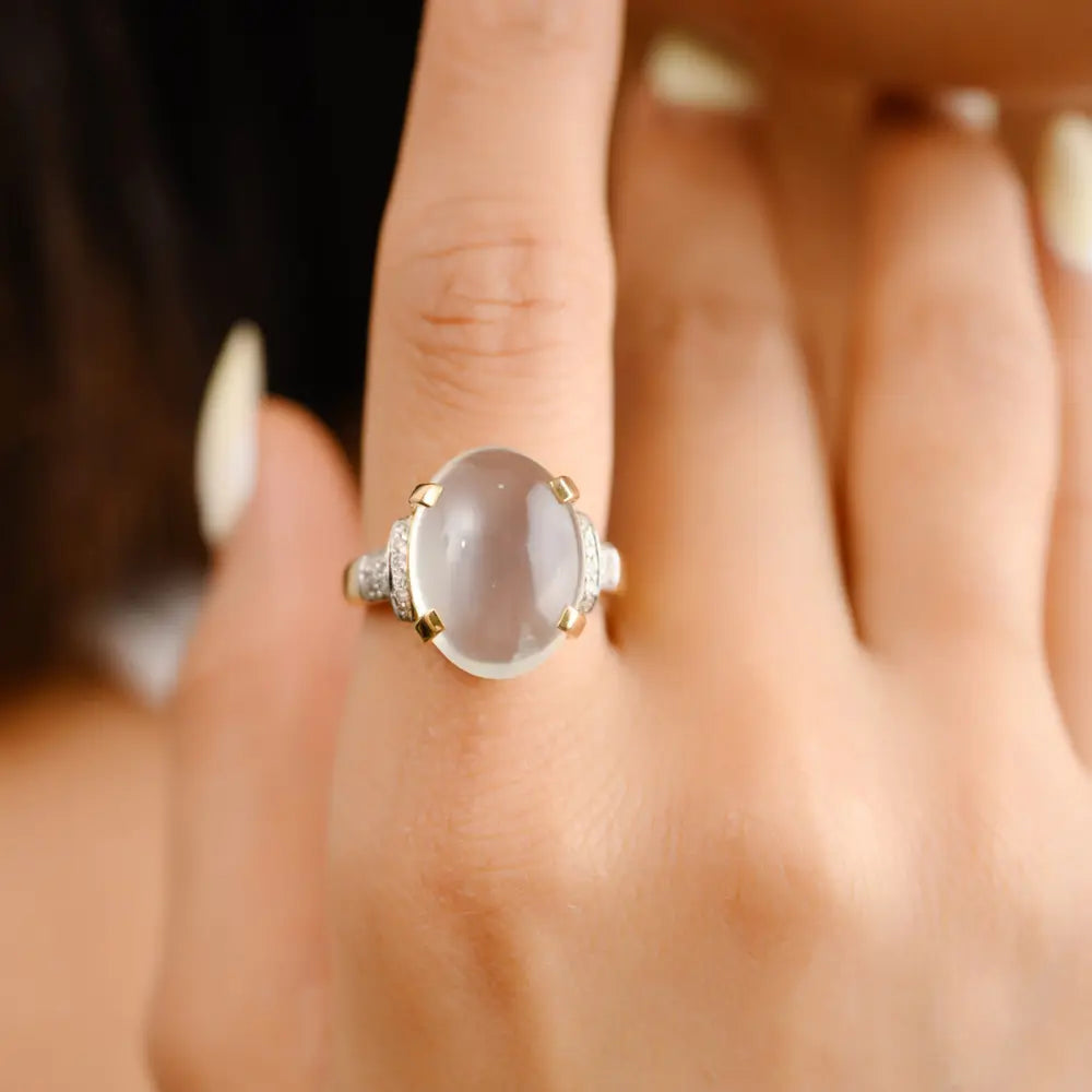 Classic Hot Selling Product Natural Moonstone & Diamond 18K Solid Yellow Gold Heavy Stone Ring