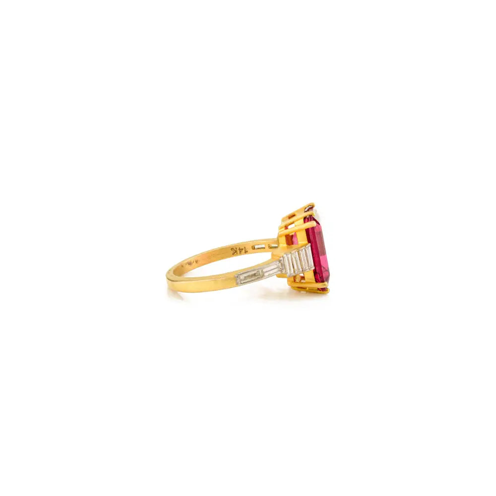 Pink Tourmaline & Diamond Double Prong Setting Wedding Ring Authentic 14K Yellow Gold