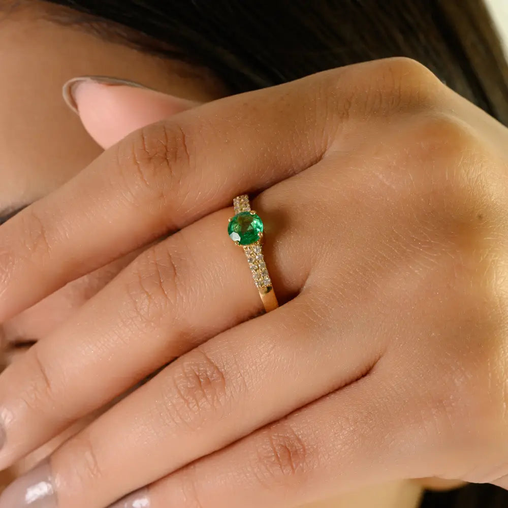 Round Brilliant Cut Emerald & Diamond 14K Yellow Gold Double Layer Band Ring Stackable Jewelry