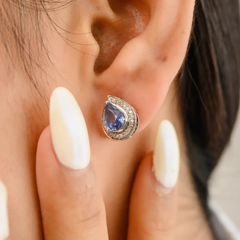 Fine Jewelry 14K White Gold Precious Natural Blue Sapphire & Diamond Tear Drop Earring