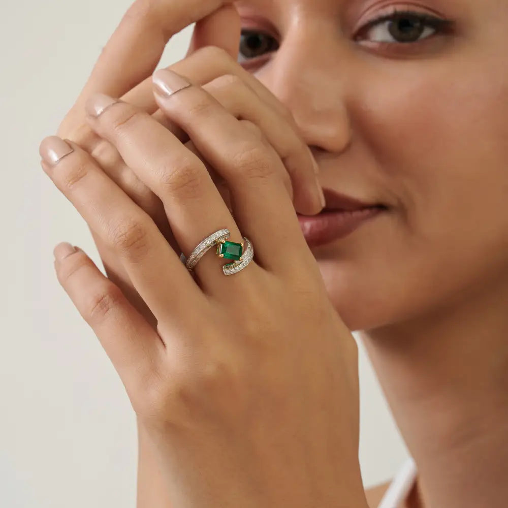 18K Solid Two Tone Gold Zambian Emerald & Diamond Statement Ring Handmade Jewelry