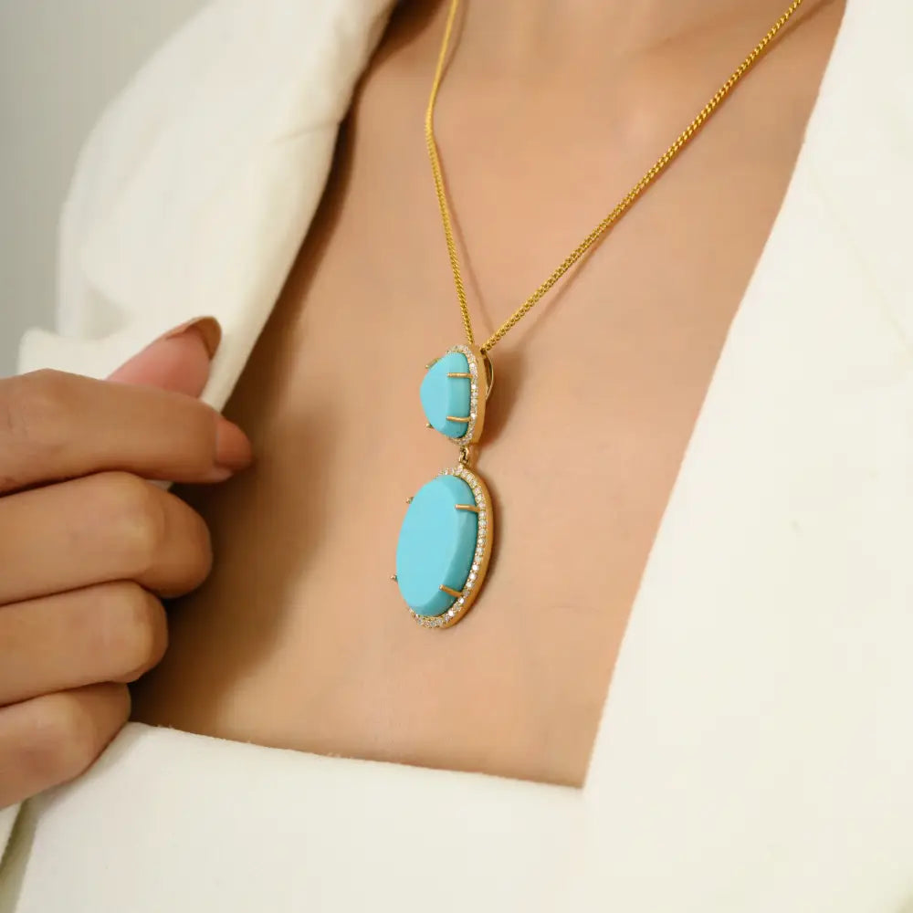 Natural Turquoise & Diamond Halo Statement Pendant For Women 14K Yellow Gold Wedding Jewelry