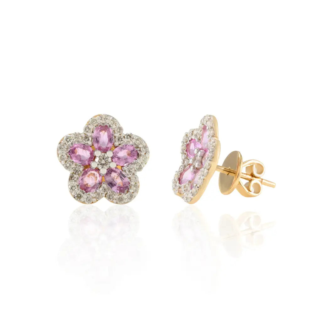 Precious Gemstone Jewelry Natural Pink Sapphire & Diamond 18K Yellow Gold Earrings