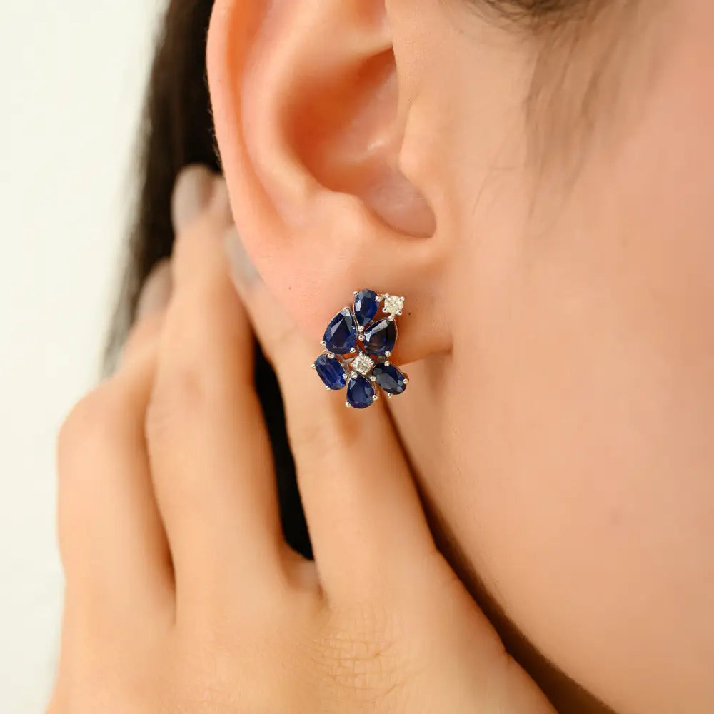 Prong Set Blue Sapphire & Diamond Real 14K White Gold Unique Design Statement Stud Earrings