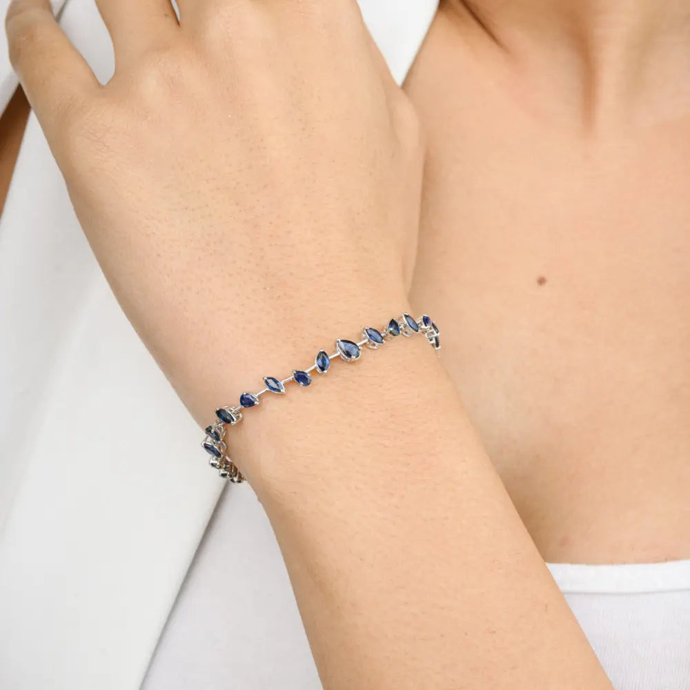 September Birthstone Natural Blue Sapphire 18K White Gold Tennis Bracelet