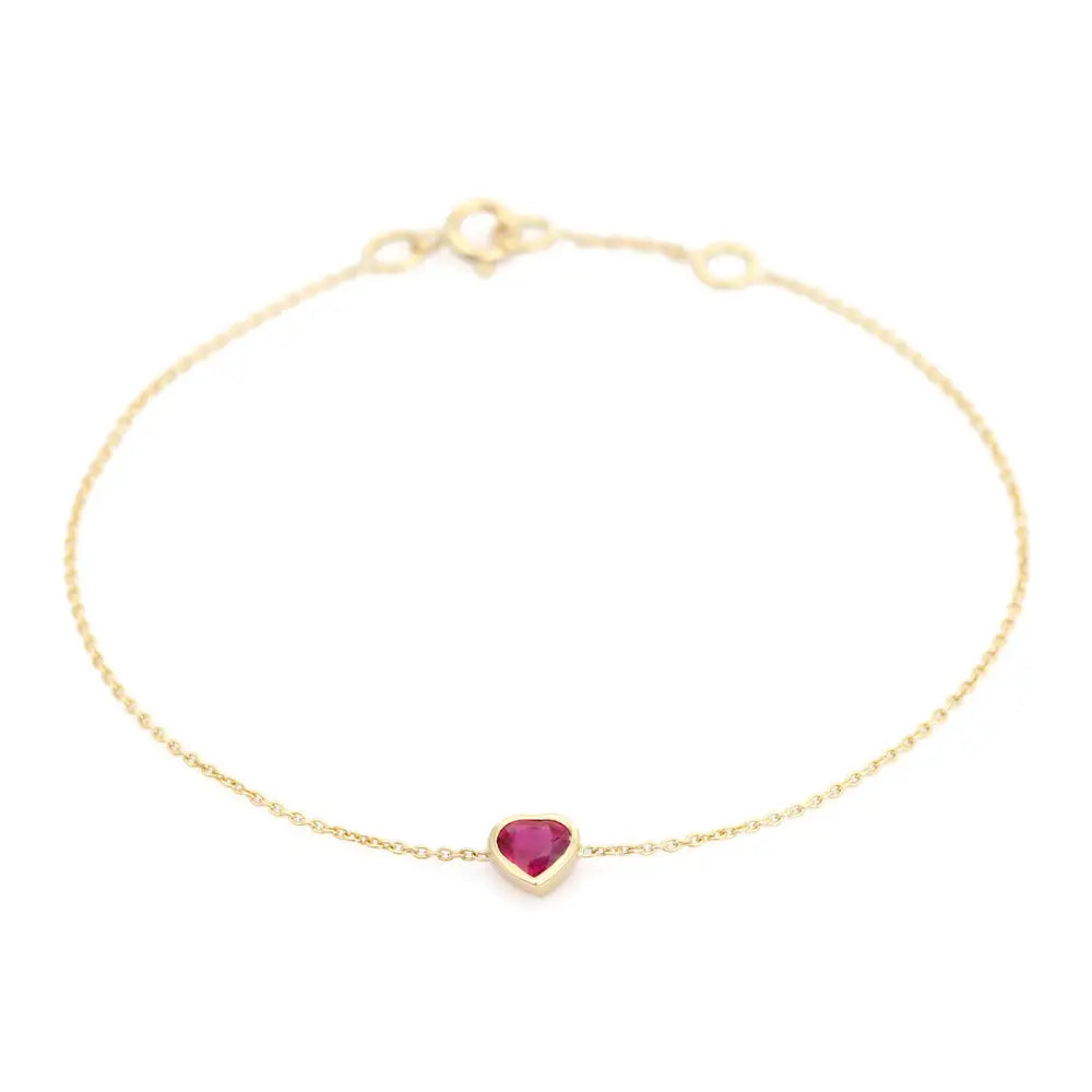 Minimalist Trendy Heart Shape Ruby Bezel Set Solitaire Chain Bracelet 14K Yellow Gold Jewelry