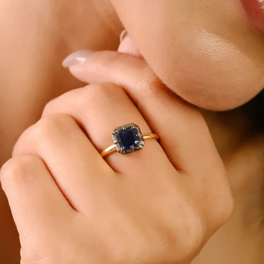 Square Cut Blue Sapphire Black Rhodium Plated 18K Solid Gold Solitaire Gemstone Minimal Ring