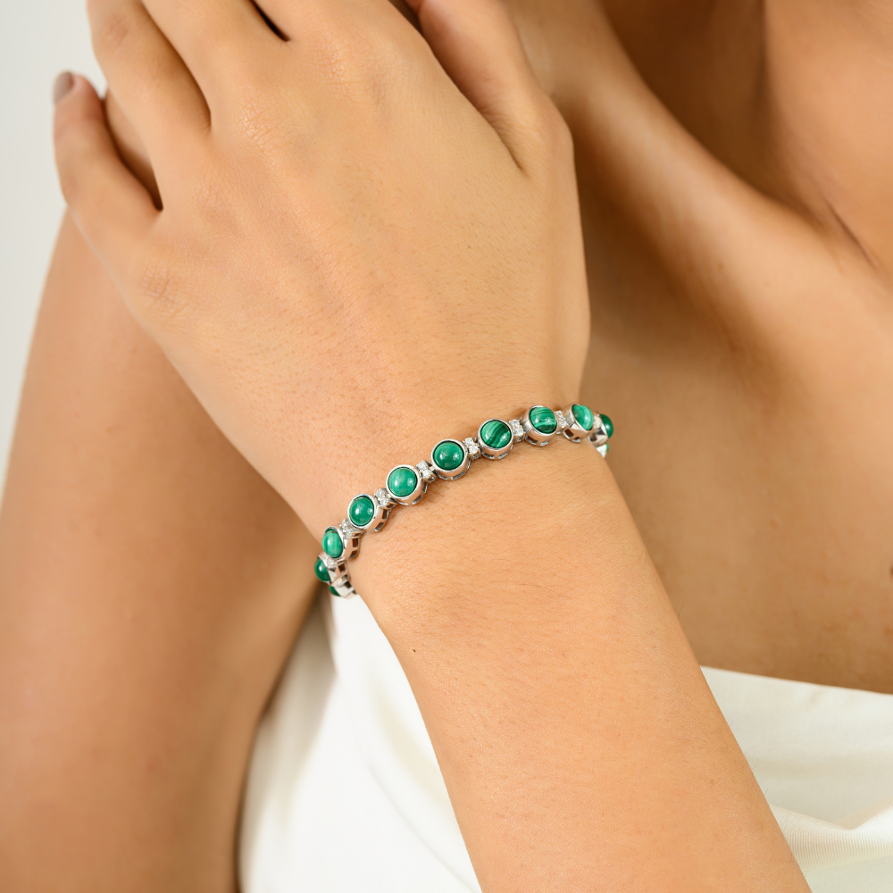 Best Top Seller Round Shape 100% Natural Malachite & American Diamond Sleek Bracelet Exclusive Jewelry