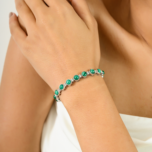 Best Top Seller Round Shape 100% Natural Malachite & American Diamond Sleek Bracelet Exclusive Jewelry