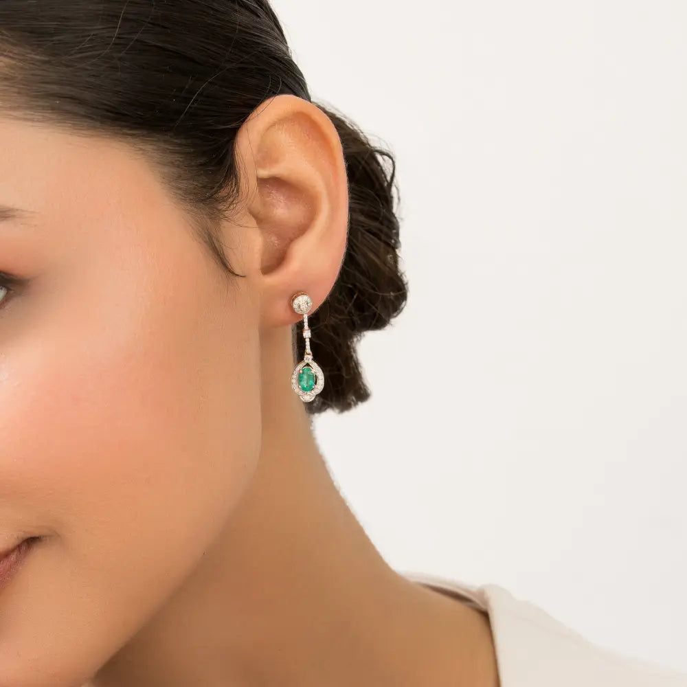 14K Solid Yellow Gold Emerald & Diamond Water Drop Shape Dangle Earrings For Women Jewelry