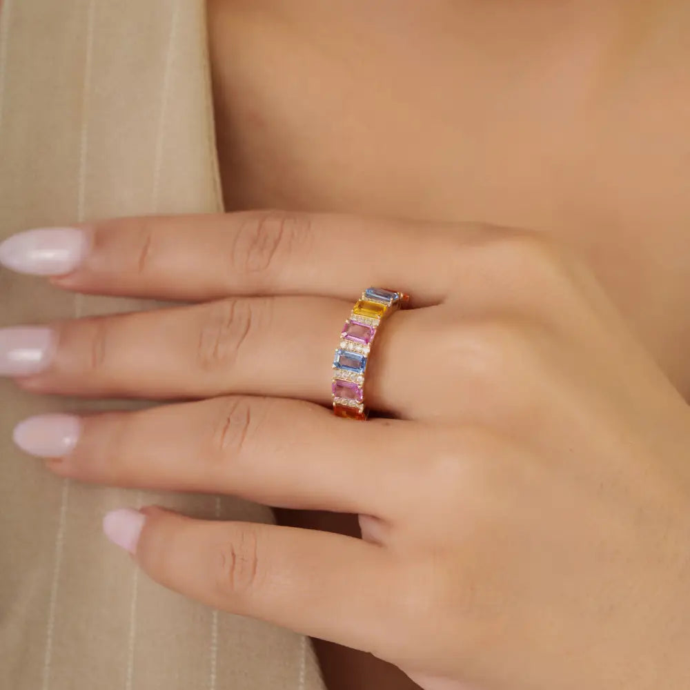 Trending Multi Sapphire & Diamond K14 Yellow Gold Half Eternity Band Ring Custom Jewelry