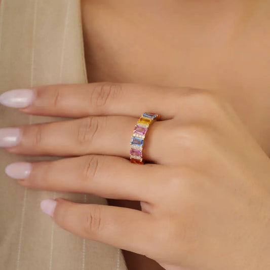 Trending Multi Sapphire & Diamond K14 Yellow Gold Half Eternity Band Ring Custom Jewelry