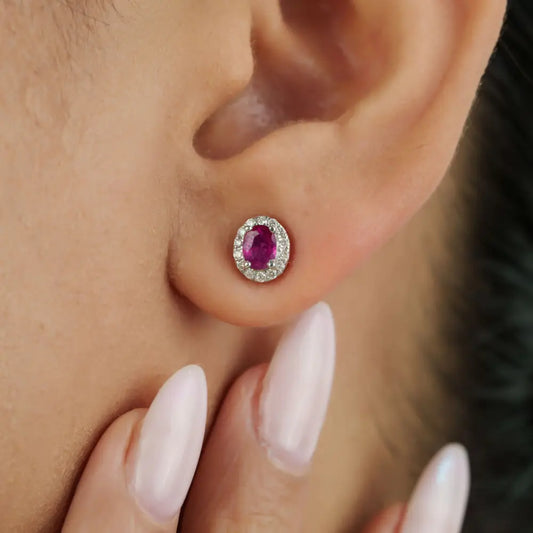 Oval Shape Ruby & Round Cut Diamond Real K18 White Gold Halo Stud Earrings Minimal Jewelry