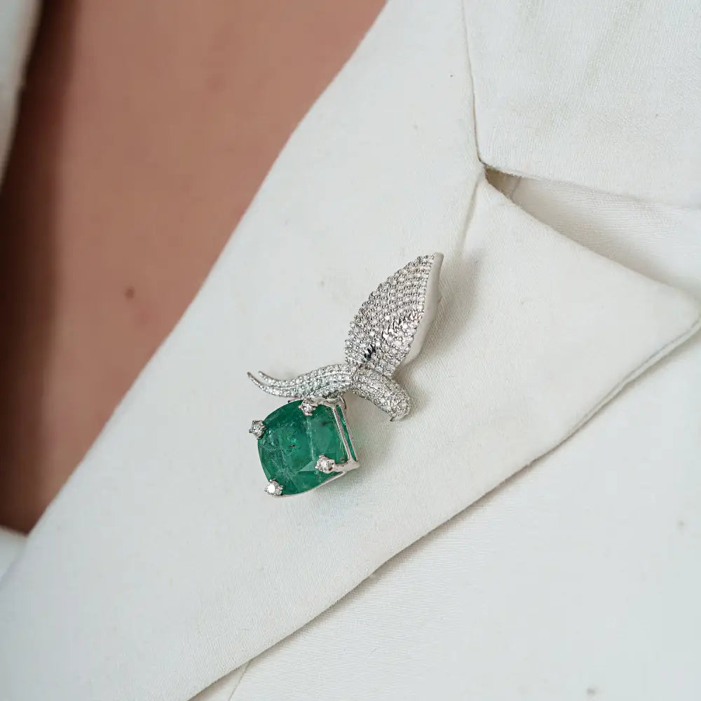 Nature Inspired Zambian Emerald & Diamond 14K White Gold Flying Bird Brooch For Wedding
