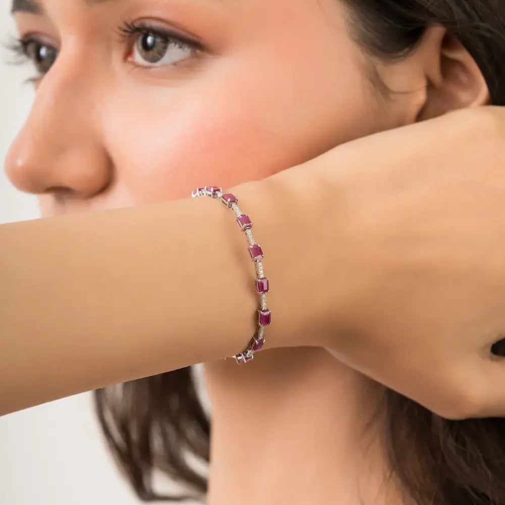 Simple Elegant Design 14K Real White Gold Ruby & Diamond Sleek Tennis Bracelet For Women