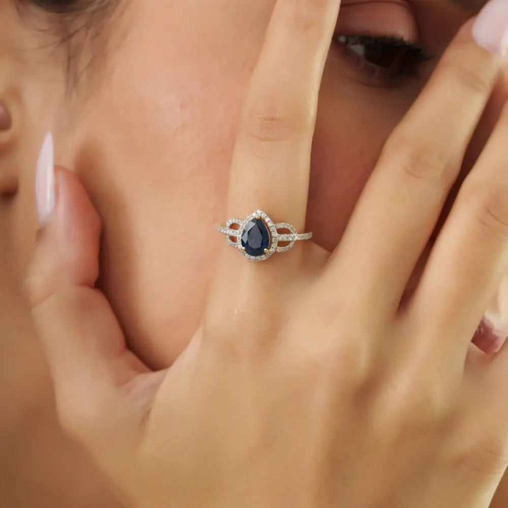 Pear Shape Blue Sapphire & Round Cut Diamond K14 Yellow Gold Statement Ring Newly Jewelry