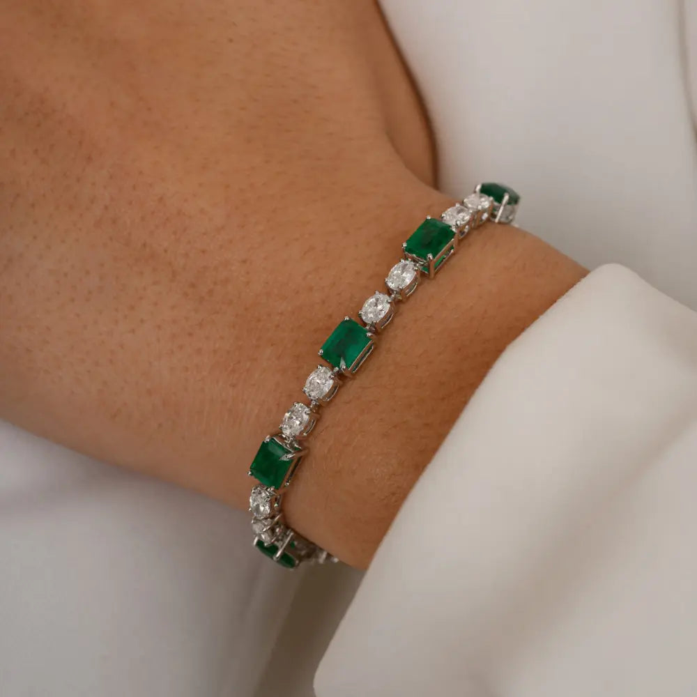 Precious Gemstone Jewelry 18K White Gold Emerald & Diamond Bracelet