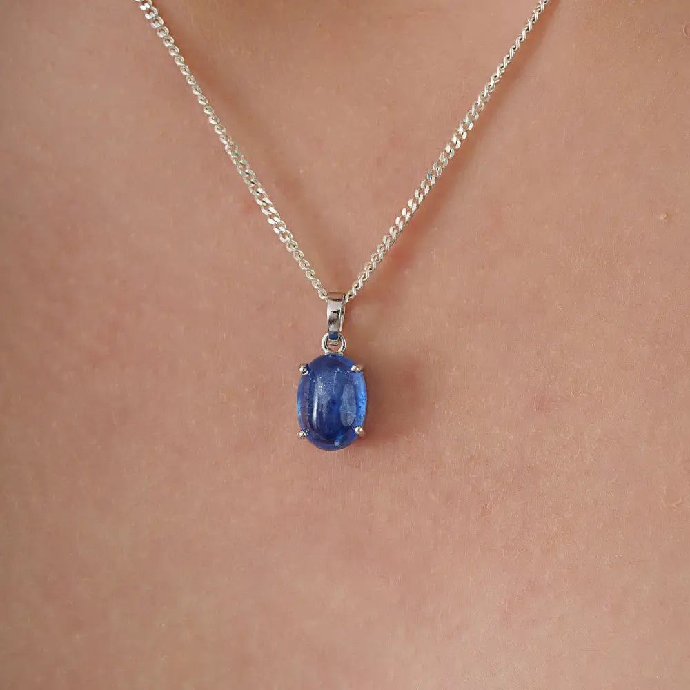Cabochon Cut Blue Sapphire Single Stone Pendant Pure 14K White Gold September Birthstone