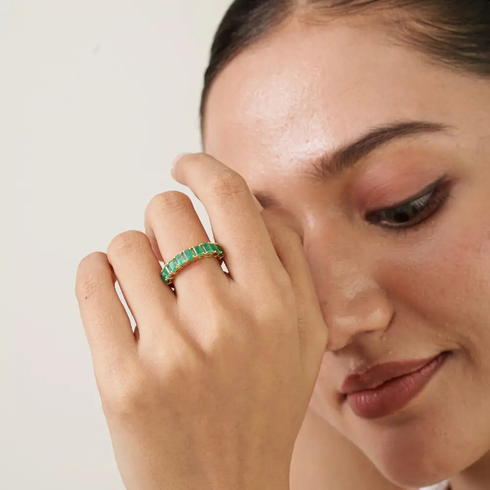Zambian Emerald Gemstone Stacking Half Eternity Band Ring 14K Solid Yellow Gold Jewelry
