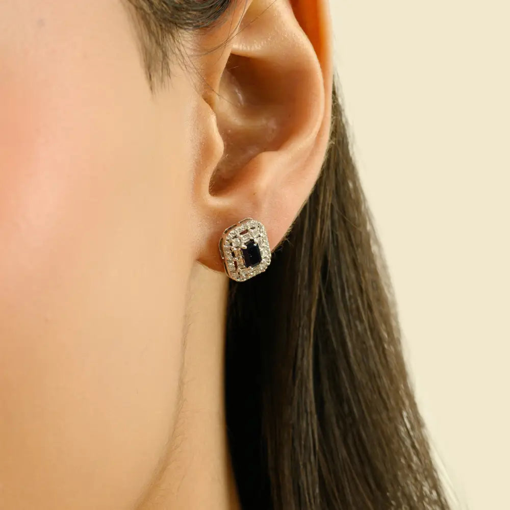 Blue Sapphire & Diamond Push Back Double Cluster Stud Earrings K14 Real White Gold Jewelry