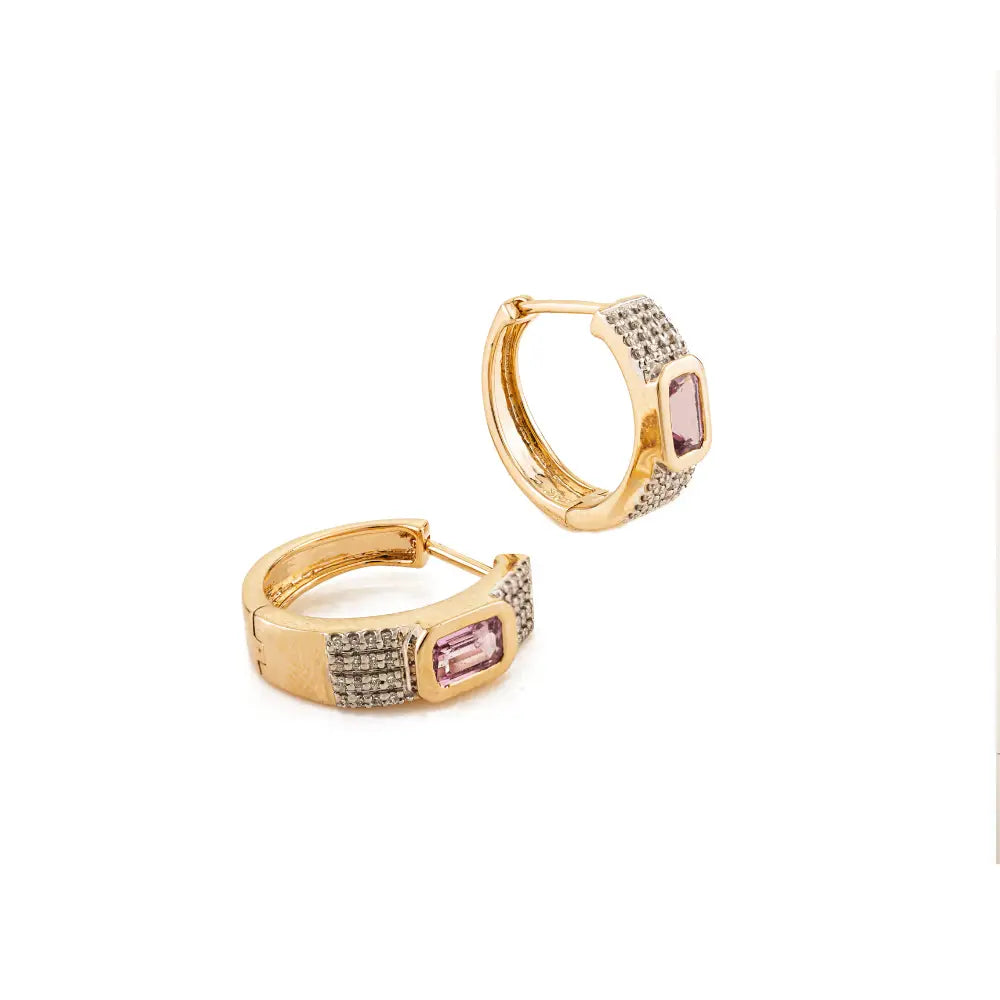 Pink Sapphire & Diamond 14K Yellow Gold Fine Hoop Earrings Customized Gemstone Jewelry