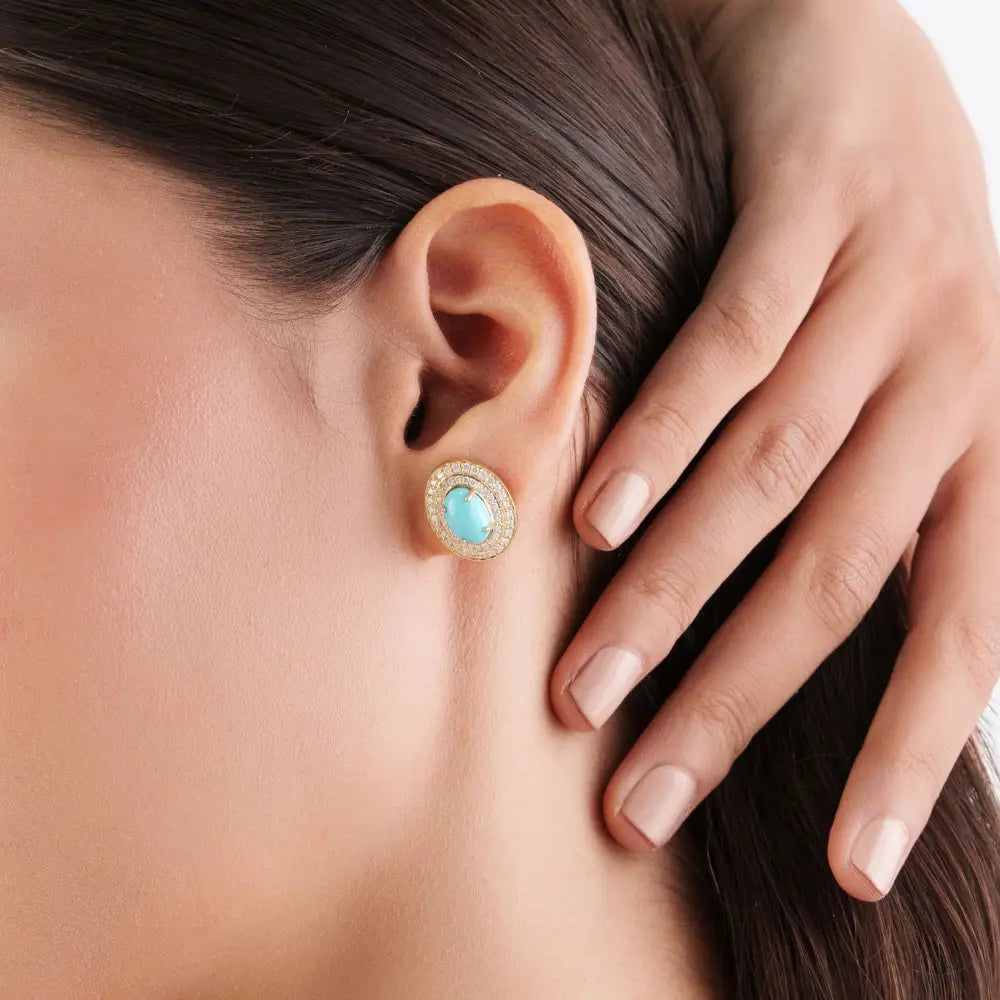 9x6mm Oval Cut Turquoise & Diamond Handmade Double Halo Stud Earrings 14K Yellow Gold
