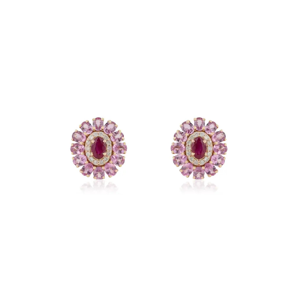 Ruby Pink Sapphire & Diamond Statement Floral Shape Halo Stud Earrings 14K Pure Yellow Gold
