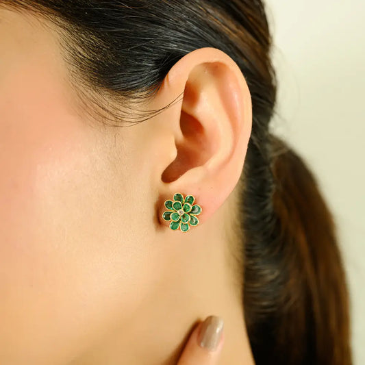 Unique Design Emerald & Diamond Flower Shape Stud Earrings 18K Yellow Gold Jewelry