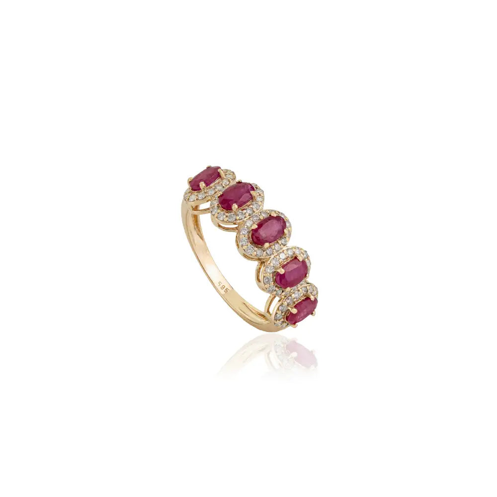 Hot Sale Ruby & Diamond Halo Five Stone Ring Handmade Trading 14K Solid Yellow Gold Jewelry