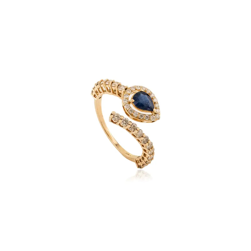 Pear Blue Sapphire & Round Diamond 14K Real Yellow Gold Open Statement Ring Luxury Jewelry