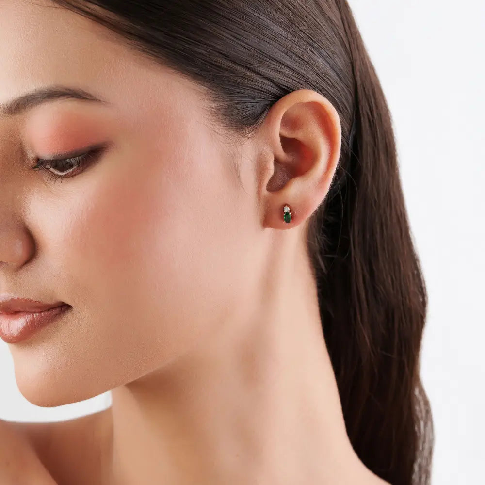 Minimalist Design Emerald & Diamond Small Stud Earrings 14K Yellow Gold Daily Wear Jewelry