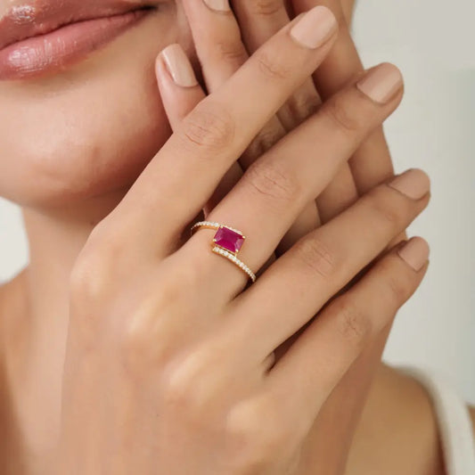 Octagon Cut Ruby & Diamond 14K Solid Yellow Gold Gemstone Ring Women's Wedding Jewelry