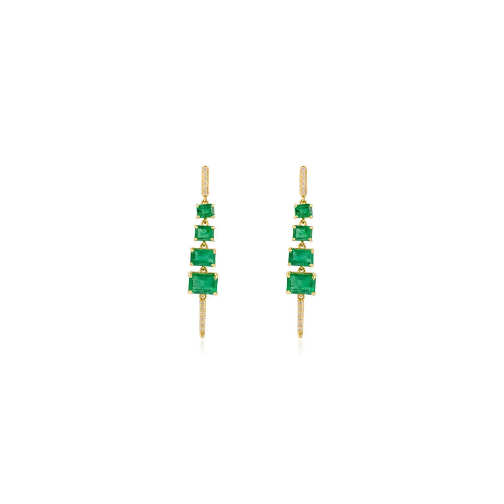 K14 Gold Graduated Set Gemstone Emerald & Diamond Women Handmade Dangle Earrings