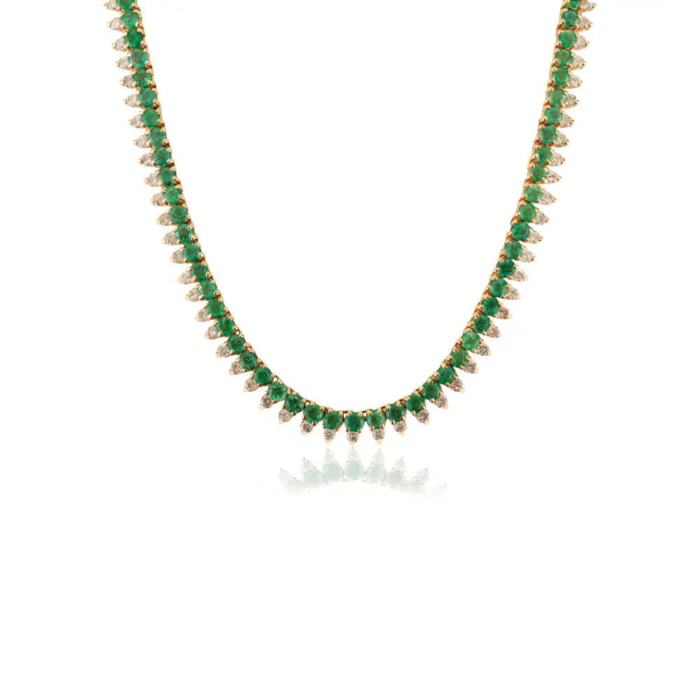 Emerald & Diamond Box Lock Tennis Necklace Unique Design 18K Yellow Gold Women Jewelry