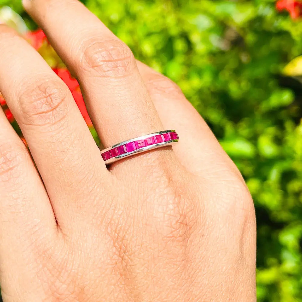 Square Cut Ruby Full Eternity Band Ring Set In Channel Setting Precious Gemstone Jewelry