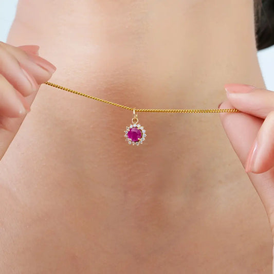 Round Cut Ruby & Diamond Minimal Cluster Pendant Gift For Mom 14K Yellow Gold Jewelry