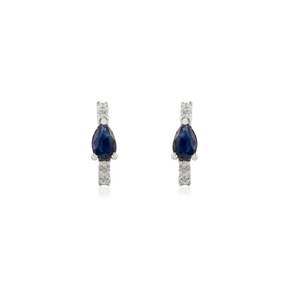 Simple 5x3 mm Pear Blue Sapphire & Diamond Small Hoop Earrings For Women 18K White Gold
