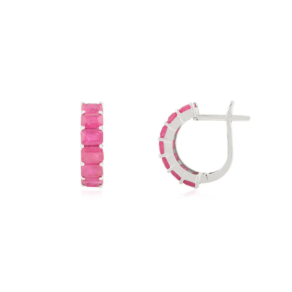 High Quality Genuine Ruby Small Hoop Earrings Anniversary Gift Solid 14K White Gold Jewelry