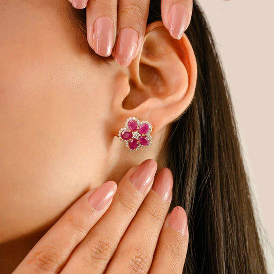 K14 Real Yellow Gold Ruby & Diamond Flower Shape Stud Earrings For Women Unique Design