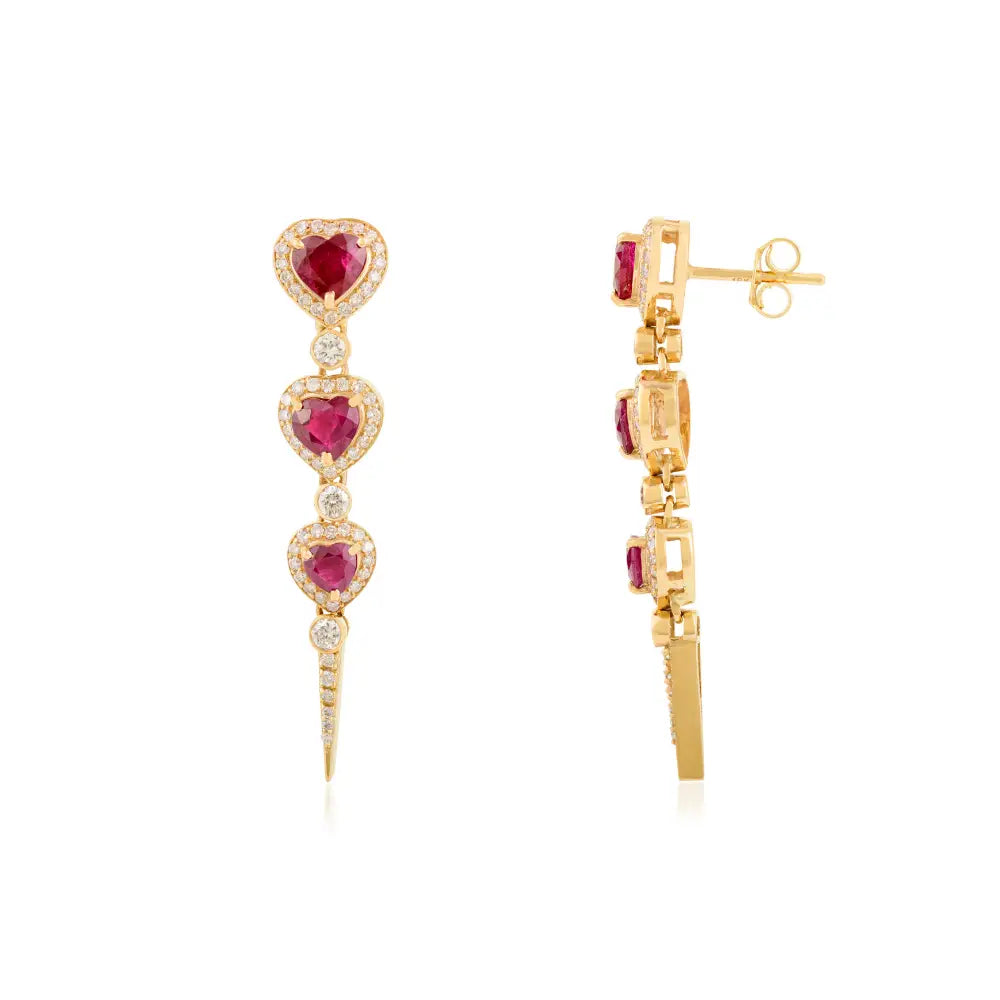 Top Quality Ruby & Diamond Trio Heart Long Dangle Earrings 18K Real Yellow Gold Jewelry