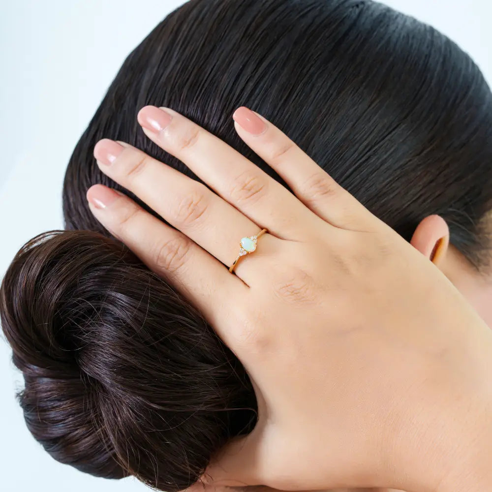Dainty Stacking Design 14K Yellow Gold Opal & Diamond Minimalist Ring For Daily Wear Jewelry